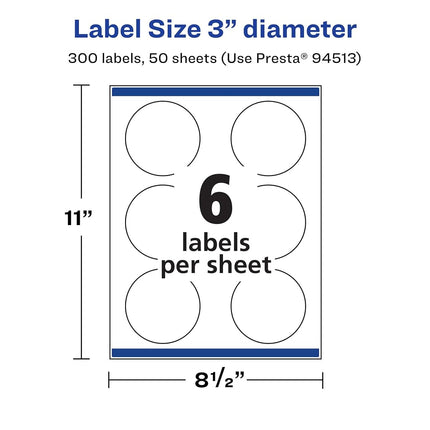 Avery Matte White Round Labels with Sure Feed, 3" Diameter, 300 Matte White Printable Labels