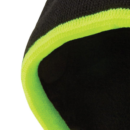 KLEIN TOOLS 60391 Knit Beanie, Thermal Fleece Winter Hat, Windproof, Fits Under Helmets, Black with High-Visibility Yellow Band Trim