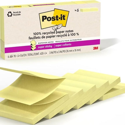 Post-it 100% Recycled Paper Super Sticky Notes, 2X The Sticking Power, 3x3 in, 6 Pads/Pack, 70 Sheets/Pad, Canary Yellow(R330R-6SSCY)