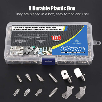 Glarks 156Pcs 6 Styles Shelf Pins Kit, Nickel Shelf Support Pegs, PVC Shelf Pins, Flat Spoon Pegs, Cylindrical Pins Holder, L-Shaped Bracket and Dowel Pins for Cabinets