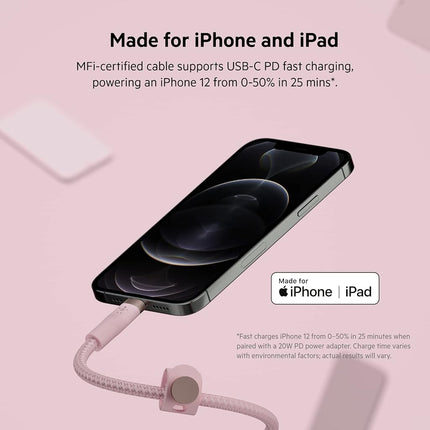 Belkin BoostCharge Pro Flex Braided USB Type C to Lightning Cable (2M/6.6ft), MFi Certified 20W Fast Charging PD Power Delivery for iPhone 14/14 Plus, 13, 12, Pro, Max, Mini, SE, iPad and More - Pink