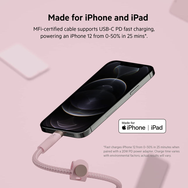 Câble USB-C vers Lightning tressé Belkin BoostCharge Pro Flex (2 m/6,6 pi), certifié MFi, recharge rapide 20 W avec Power Delivery pour iPhone 14/14 Plus, 13, 12, Pro, Max, Mini, SE, iPad et autres appareils – Rose