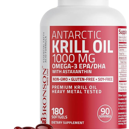Huile de krill antarctique Bronson 1000 mg avec astaxanthine, 180 capsules molles (90 portions)