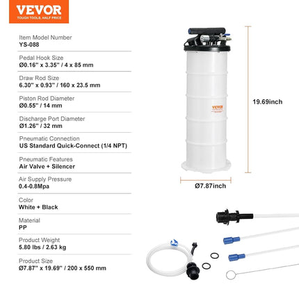Bomba Extractora de Aceite Neumática/Manual VEVOR de 6.5 L, Bomba Extractora de Fluidos para Evacuación al Vacío de Fluidos Automotrices, Herramienta de Cambio de Aceite y Fluidos con Varilla Medidora y Manguera de Succión