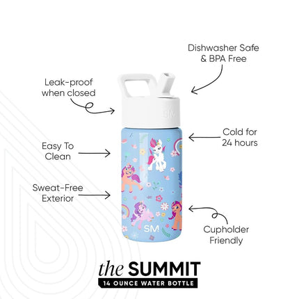 Simple Modern My Little Pony Kids Water Bottle with Straw Lid | Reusable Insulated Stainless Steel Cup for School | Summit Collection | 14oz, My Little Pony Garden of Rainbows