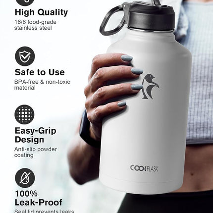 Coolflask Half Gallon Water Bottle Insulated with Straw & 3 Lids, 2 L Water Jug Large Metal Stainless Steel Wide Mouth for Sports, Gym or Office, Non-BPA Keep Cold 48H Hot 24H, White