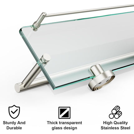 KOCOK 24-Inch Tempered Glass Bathroom Shelf with Towel Bar - Brushed Nickel Towel Holder Modern SUS304 Stainless Steel, Wall Mount Towel Hanger