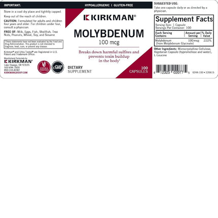 Kirkman Molybdenum 100mcg - Hypoallergenic || 100 vegetarian capsules || Aids in sulfur metabolism || Mineral || Gluten and Casein Free || Capsules are plant based