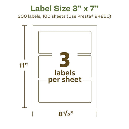 Etiquetas rectangulares recicladas Avery EcoFriendly blancas mate, 7,62 cm x 17,78 cm, impresión hasta el borde, etiquetas blancas mate, adhesivo permanente, imprimibles con láser/inyección de tinta, 300 unidades en total