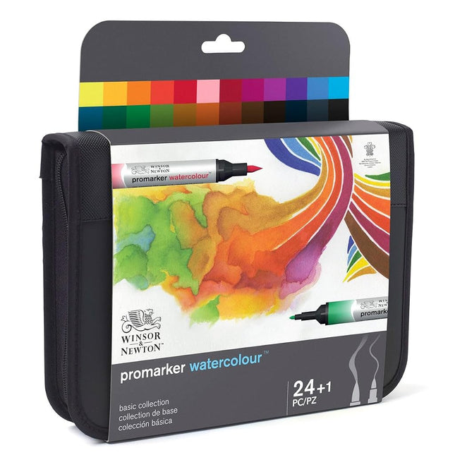 Winsor & Newton ProMarker Watercolour Marker, Basic Collection, 2 Tips: Brush and Fine Tip, Lightfast, Highly Pigmented Watercolour Colours in Marker for Calligraphy, Drawings, 24 Colours Set,Multi
