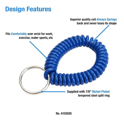 Lucky Line 2” Spiral Wrist Coil with Steel Key Ring, Flexible Wrist Band Key Chain Bracelet, Stretches to 12”, Blue, 5 Pack