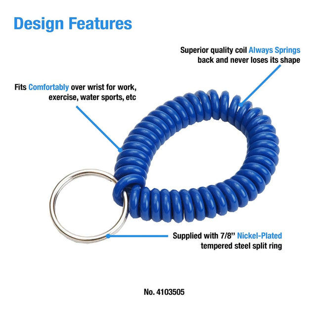 Lucky Line 2” Spiral Wrist Coil with Steel Key Ring, Flexible Wrist Band Key Chain Bracelet, Stretches to 12”, Blue, 5 Pack
