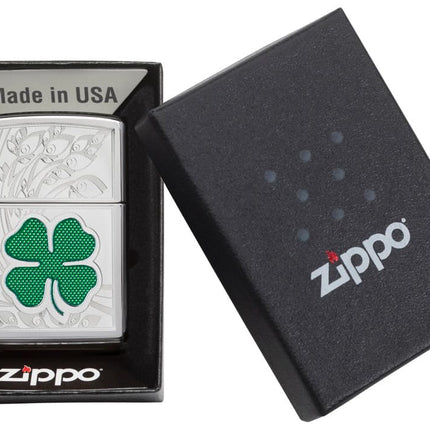 Zippo Adult-Unisex 24699 Lucky Four Leaf Clover High Polish Chrome Lighter