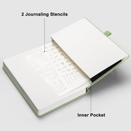 RETTACY Bullet Dotted Journal - A5 Dotted Grid Journal Notebook with 256 Pages, 120 GSM Acid-Free Paper, Bullet Journaling, Sketching, Leather Hardcover, Inner Pocket, 5.7'' × 8.3'' (Light Green)