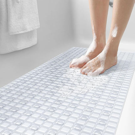 DEXI Bath Tub Shower Mat Non-Slip 16 x 39 Extra Long Bathtub Mats, Suction Cups, Drain Holes, Machine Washable Bathroom Mat, Clear
