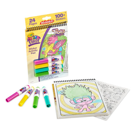 CRAYOLA Trolls Color & Erase Sticker Activity Pad, 12 páginas reutilizables para colorear de Trolls y 100 calcomanías, regalo