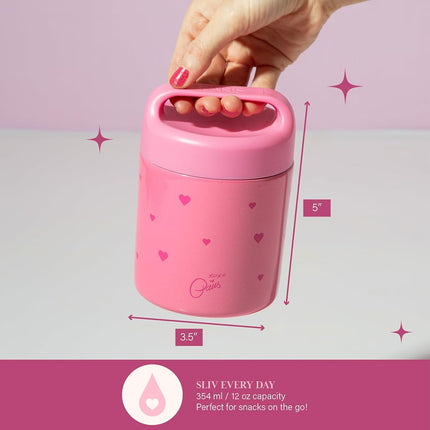 Paris Hilton Stainless Steel Food Jar, Double Wall Vacuum Sealed Insulated Food Storage Container with Carry Handle Lid, 12-Ounce, Pink with Heart Design