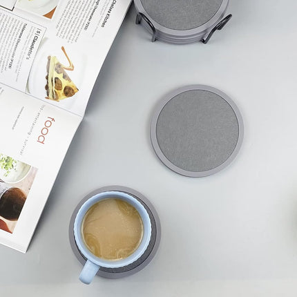 Absorbent Coasters for Drinks with Holder - 6packs, Silicone Coasters with Soft Felt Insert (4.3 inch Coasters with 4.5 inch Holder, Grey)