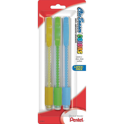 Pentel Clic Retractable Eraser with Grip, Assorted Barrels, 3 Pack (ZE21TBP3M)
