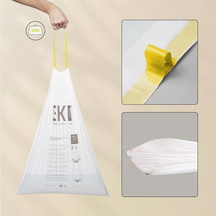 EKO Easy-Dispense Roll 60 Count Extra-Strong Drawstring Trash Bags, 8 Gallon Garbage Bags, Clear White Can Liners, Code F-1, Extra-Long Custom Fit Dual Compartment Recycler