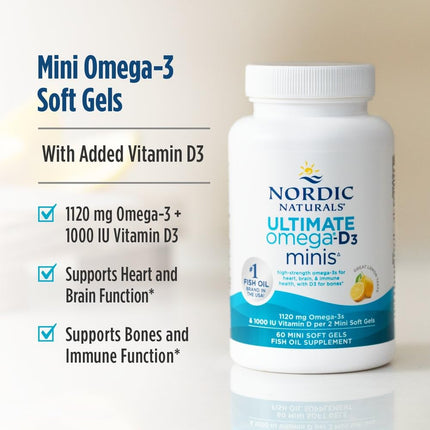 Nordic Naturals Ultimate Omega 2X Mini D3, Lemon Flavor - 1120 mg Omega-3 + 1000 IU Vitamin D3-60 Mini Soft Gels - Omega-3 Fish Oil - EPA & DHA - Promotes Brain & Heart Health - 30 Servings