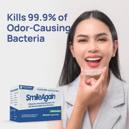 Limpiador de retenedores Smile Again - 180 limpiezas (0.17 por limpieza) Paquete de 22/suministro para 6 meses - para alineadores transparentes, dentaduras postizas, retenedores, protectores bucales y protectores nocturnos - Cristales de limpieza, menta