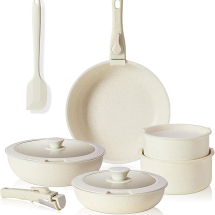 Cookware Set, Pots and Pans Set Non Stick, 12 Pcs Cookware Set for Cooking, Kitchen Cooking Set Frying Pan Nonstick Sauce Pans with Lid and Detachable Handle, Beige