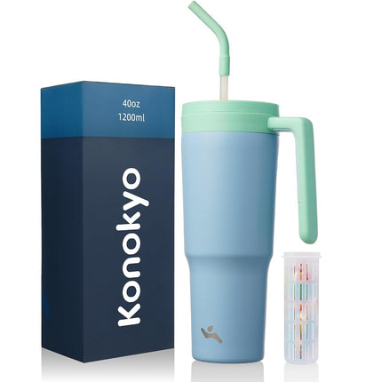 Gobelet isotherme Konokyo avec poignée et paille, bouteille d'eau isotherme sous vide en acier inoxydable de 1,2 L, tasse de voyage en métal avec diffuseur de fruits, bleu clair