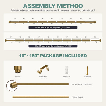 Lootkell Warm Gold Curtain Rods for Windows 72 to 144 Adjustable Length Heavy Duty 1" Diameter Brass Bronze Long Window Curtain Rod with Solid Metal Finials for Outdoor Farmhouse Bedroom Living Room