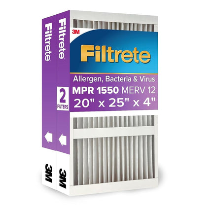 Filtrete 20x25x4 AC Furnace Air Filter, MPR 1550 DP, Healthy Living Ultra Allergen Deep Pleat, 2-Pack (exact dimensions 19.88 x 24.63 x 4.31)