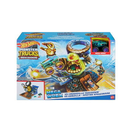 Hot Wheels Monster Trucks Arena Smashers Mega-Wrex vs. Crushzilla Takedown with 1:64 Scale Mega-Wrex Toy Truck and 2 Crushable Cars, HPR47