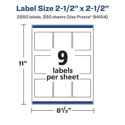Avery Matte White Square Labels with Sure Feed, 2.5" x 2.5", 2,250 Matte White Printable Labels