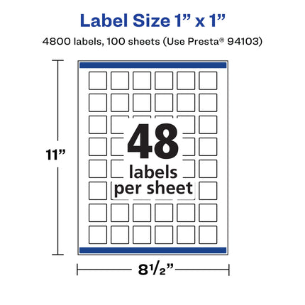 Avery Matte White Square Labels with Sure Feed, 1" x 1", 4,800 Matte White Printable Labels