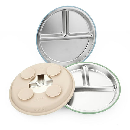 PandaEar 3 Pack Stainless Steel Baby Suction Plates, Divided Toddler Plate for Baby Led Weaning Supplies, Non-Slip Toddler Baby Feeding Set Dishwasher Safe (Blue/Green/Brown)