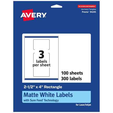 Étiquettes rectangulaires Avery blanc mat avec Sure Feed, 6,35 cm x 10,16 cm, 300 étiquettes imprimables blanc mat