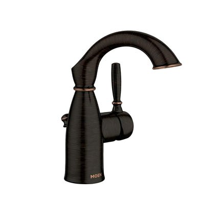 Robinet de salle de bain rustique Moen Sarona en bronze méditerranéen à poignée unique, à trou unique, avec plaque de pont en option, robinet d'évier de salle de bain traditionnel et ensemble de bonde, 84144BRB