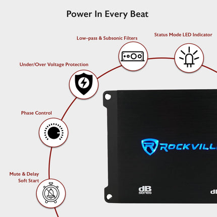 Rockville dB10 800W Mono 4-Ohm Car Amplifier, High-Speed MOSFET, Adjustable 12dB Crossover, LED, Remote Sub Control, Perfect for Car Audio and Subs