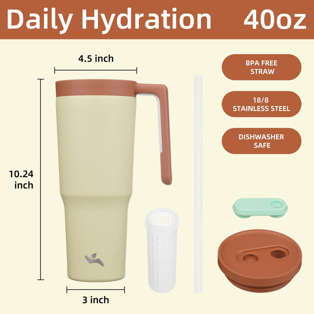 Vaso térmico Konokyo con asa y pajita, botella de agua de acero inoxidable al vacío de 40 oz, taza de viaje de metal con difusor de frutas, pistacho