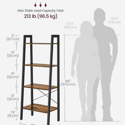 VASAGLE Ladder Shelf, 4-Tier Bookshelf, Storage Rack, Bookcase with Steel Frame, for Living Room, Home Office, Kitchen, Bedroom, Industrial Style, Rustic Brown and Black ULLS44X