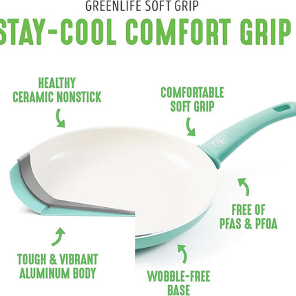 GreenLife Nonstick 8" Frying Pan Skillet, Non-Toxic PFAS-Free Ceramic Nonstick, Dishwasher & Oven Safe, Stay-Cool Handles, Wobble Free, Turquoise