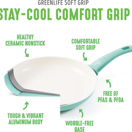 GreenLife Sartén Antiadherente de 8", Cerámica Antiadherente Sin PFAS y No Tóxica, Apto para Lavavajillas y Horno, Asas Frías al Tacto, Sin Tambaleo, Turquesa
