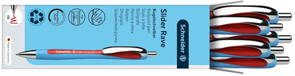 Schneider Slider Rave XB (Extra Broad) Ballpoint Pen, Refillable + Retractable, 1.4 mm, Light Blue Barrel, Red Ink, Box of 5 Pens (132502)