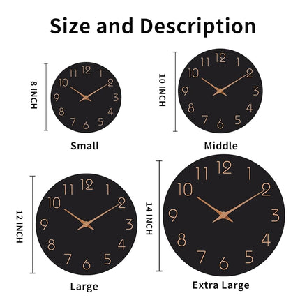 Mosewa Wall Clock 14 Inch Black Battery Operated Silent Non-Ticking - Simple Minimalist Rose Gold Numbers Clock Decorative for Bedroom,Living Room, Kitchen,Home,Office(14" Black)