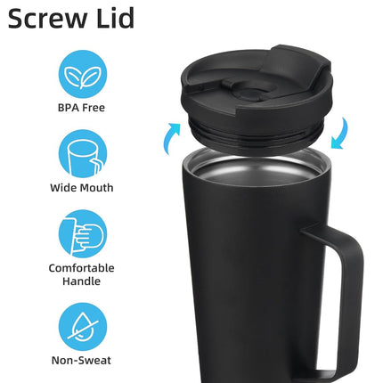 Konokyo Insulated Tumbler with Handle and Straw, 22 OZ Travel Coffee Mug Stainless Steel Cup Metal Water Bottle,Black