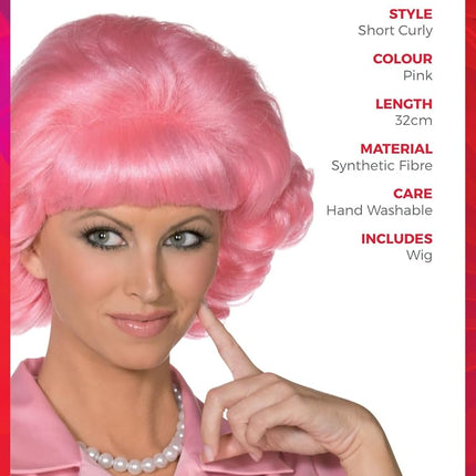 Smiffys Grease Frenchy Wig in Pink for Adults, Short and Curly, Officially Licensed, Iconic Frenchy Pink Wig Pre-Styled and Ready to Wear, Ideal for Group Outfits and Matching Fancy Dress