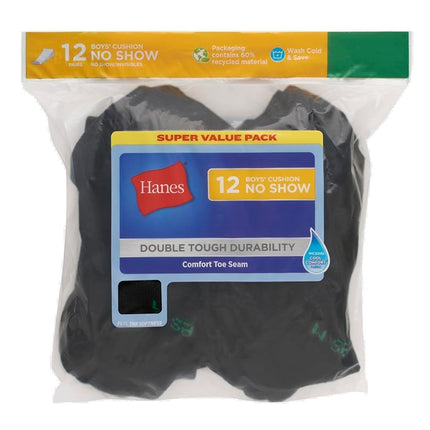 Chaussettes Hanes pour garçons, Double Tough à coussinets, coupe cheville et invisible, paquets de 12 paires, invisible - Noir - Paquet de 12, Petite