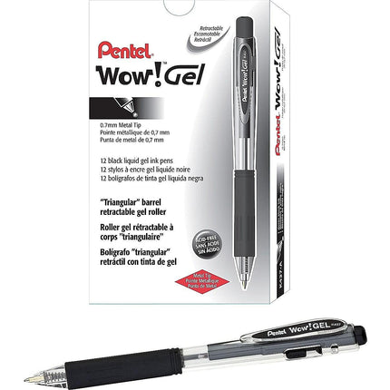 Pentel WOW! Bolígrafo de Gel Retráctil 0.7mm Línea Mediana Tinta Negra, Caja de 12 (K437-A)