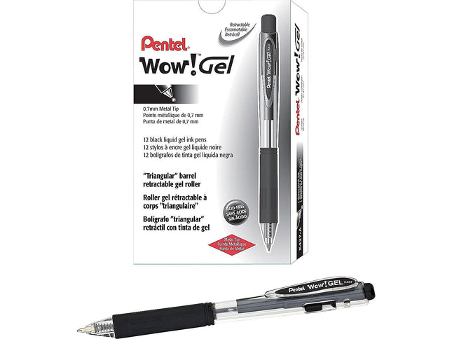 Pentel WOW! Bolígrafo de Gel Retráctil 0.7mm Línea Mediana Tinta Negra, Caja de 12 (K437-A)
