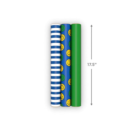 Hallmark Image Arts Birthday Wrapping Paper Mini Rolls, 3-Pack (Blue Stripes, Solid Green, Smiley Faces) for Kids Parties, Graduations, Father's Day, Easter, Any Occasion - 27 Sq. Ft. Total
