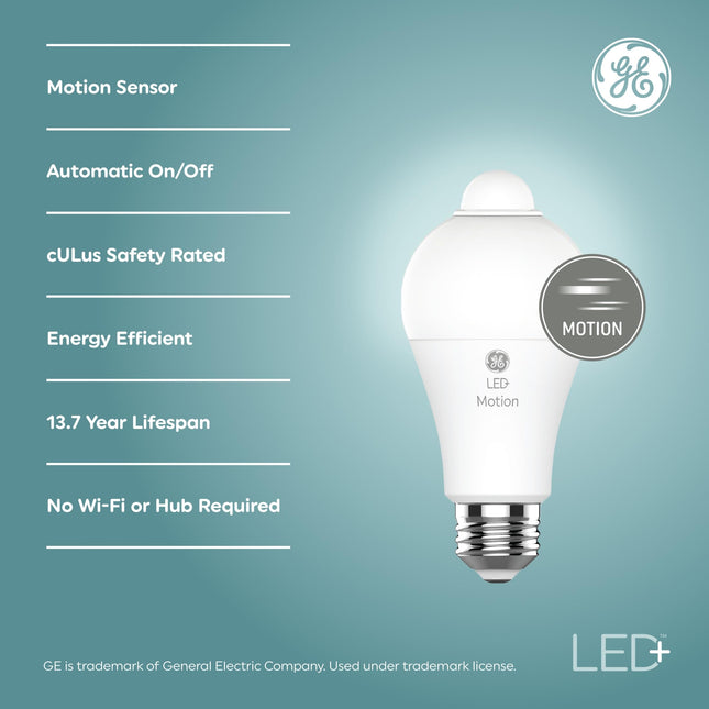 GE LED+ Motion Sensor LED Light Bulbs, 12W, Outdoor Security Lights, Daylight, A21 Bulbs, Great Christmas Gifts for Men, Holiday Gift for Women, Perfect Dad Gifts (2 Pack)
